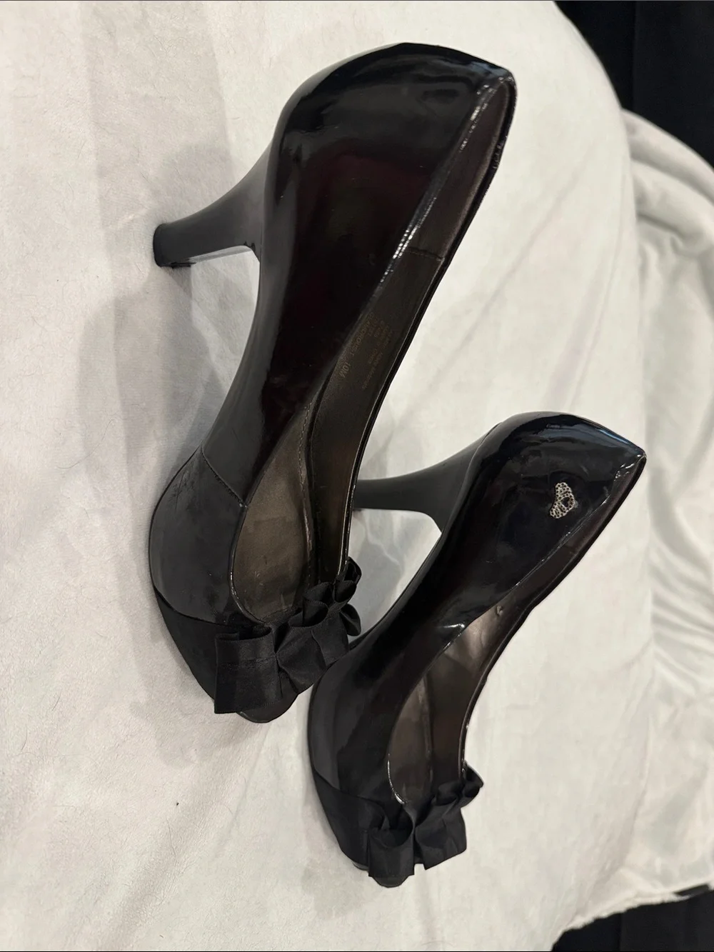 Fergalicious Black Patent Peep-Toe Heels with Ruffle Bow